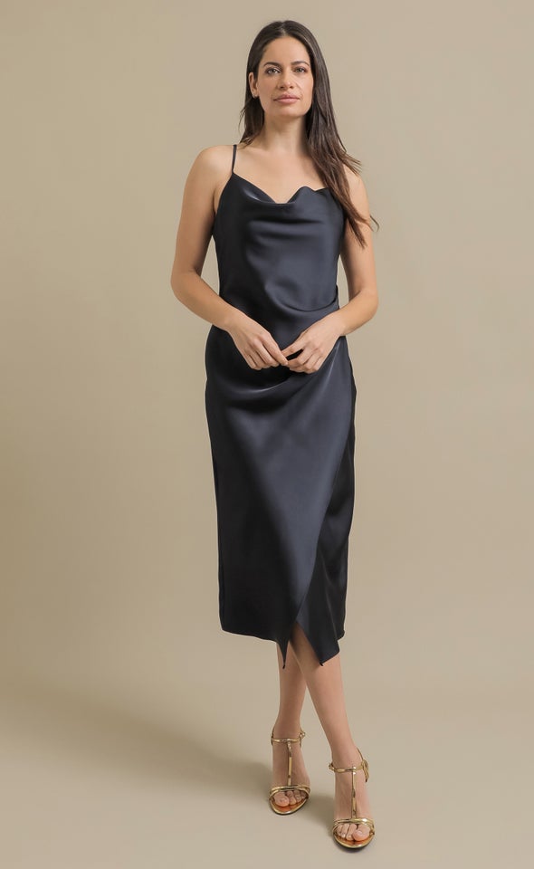 Satin Cowl Split Hem Dress Ink