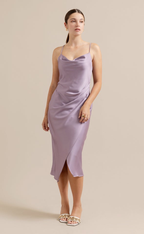 Satin Cowl Split Hem Dress Mauve