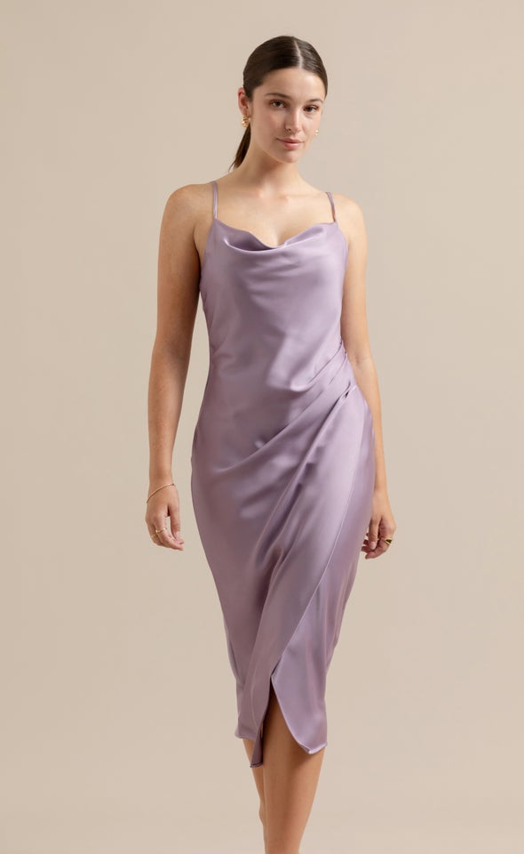 Satin Cowl Split Hem Dress Mauve