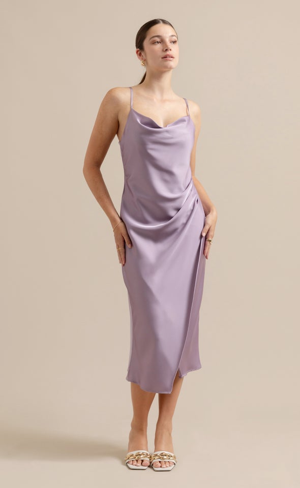 Satin Cowl Split Hem Dress Mauve