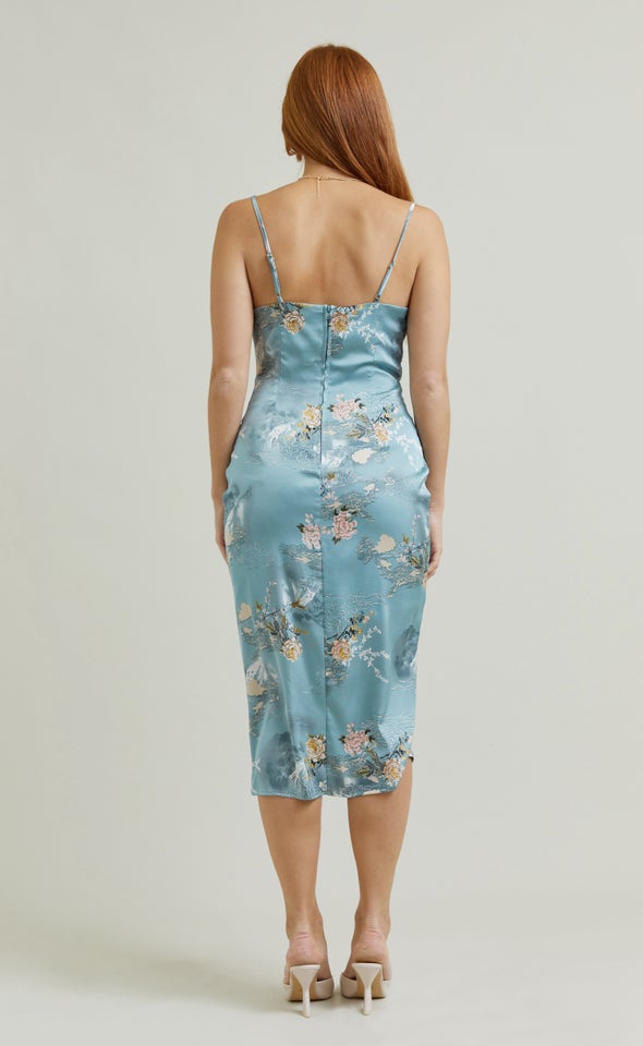 Satin Cowl Split Hem Dress Mint/floral