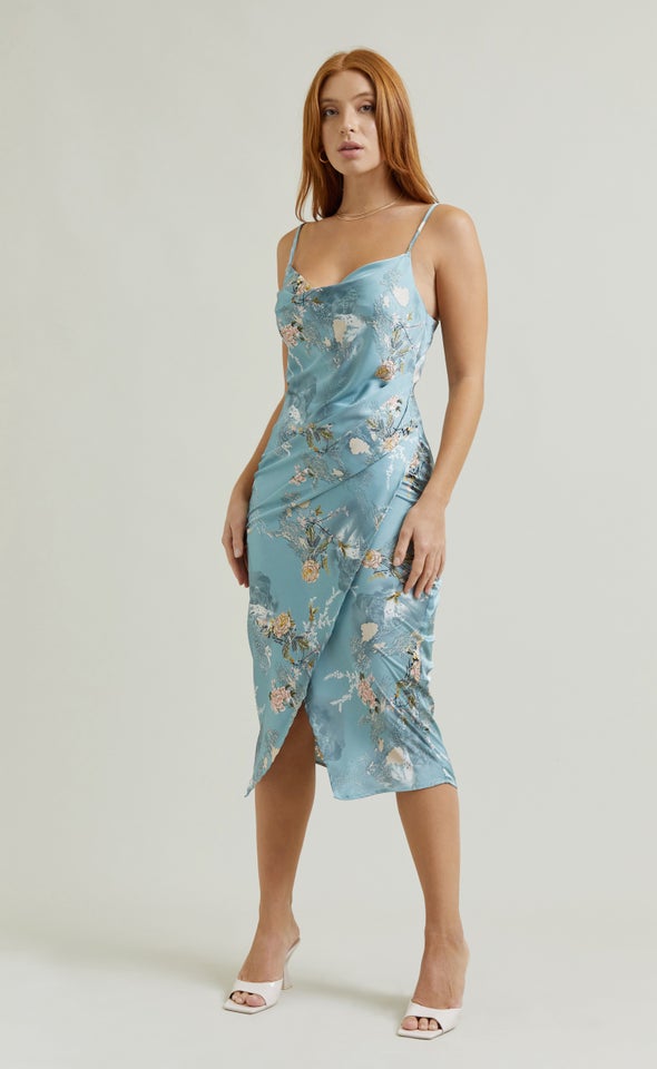 Satin Cowl Split Hem Dress Mint/floral