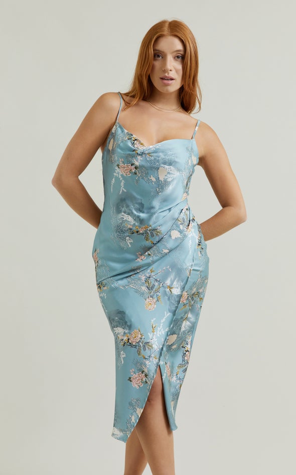 Satin Cowl Split Hem Dress Mint/floral