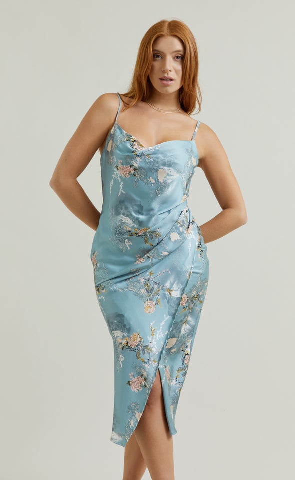 Satin Cowl Split Hem Dress Mint/floral