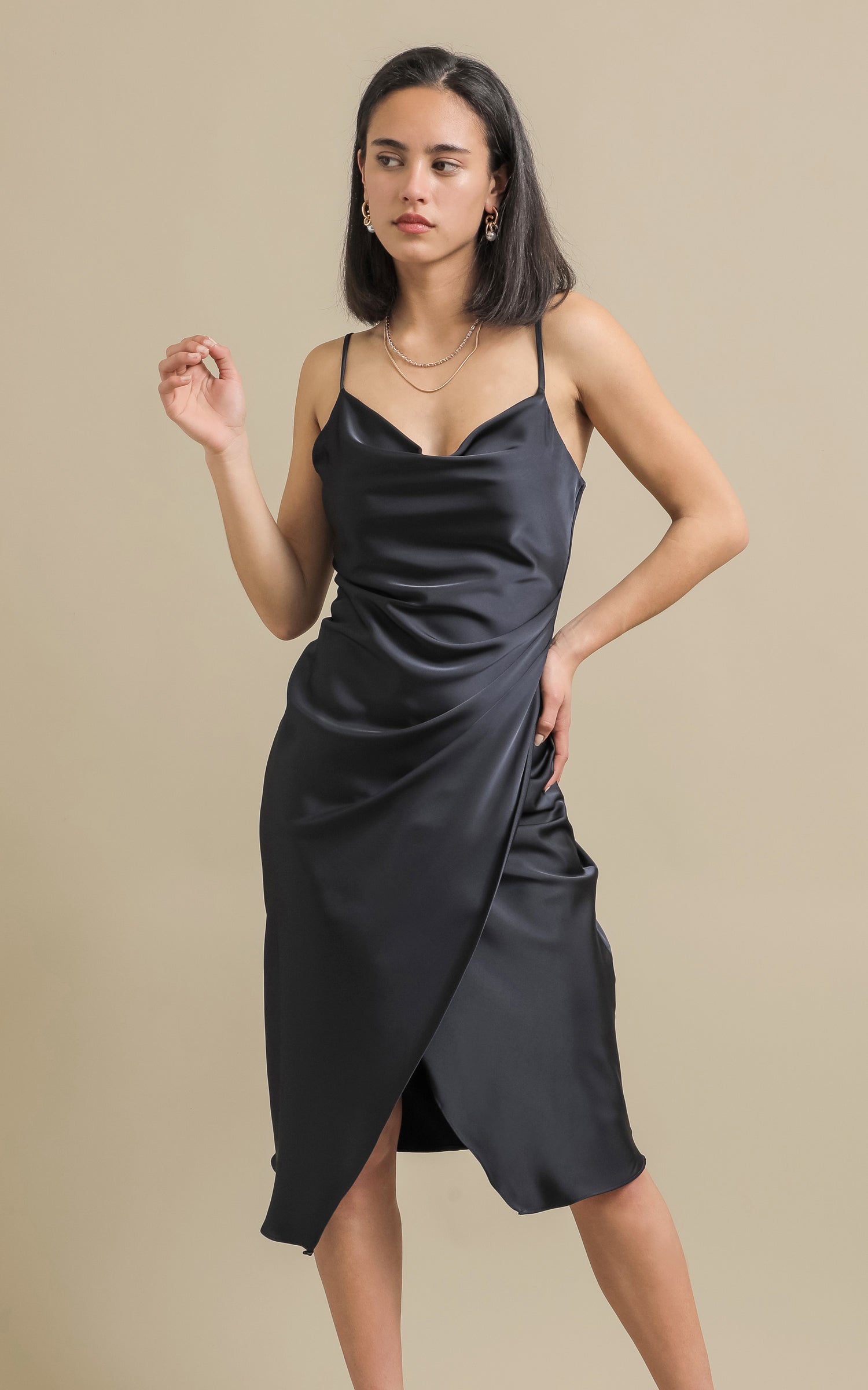 Shop our Satin Cowl Split Hem Dress in Forest green | Pagani