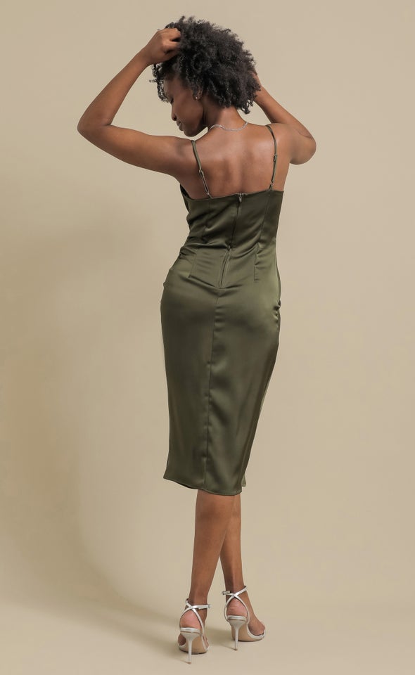 Satin Cowl Split Hem Dress Olive
