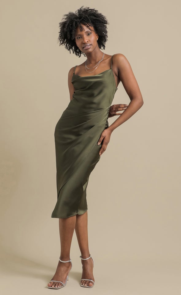 Satin Cowl Split Hem Dress Olive