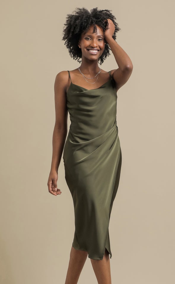 Satin Cowl Split Hem Dress Olive