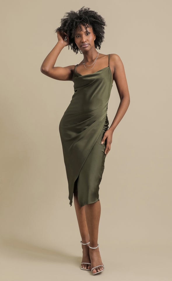 Satin Cowl Split Hem Dress Olive