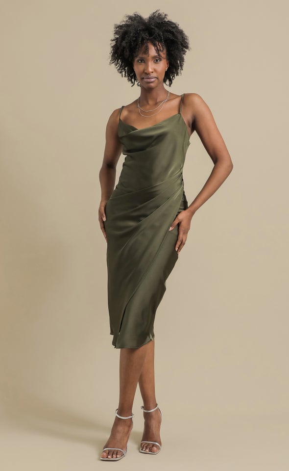 Satin Cowl Split Hem Dress Olive