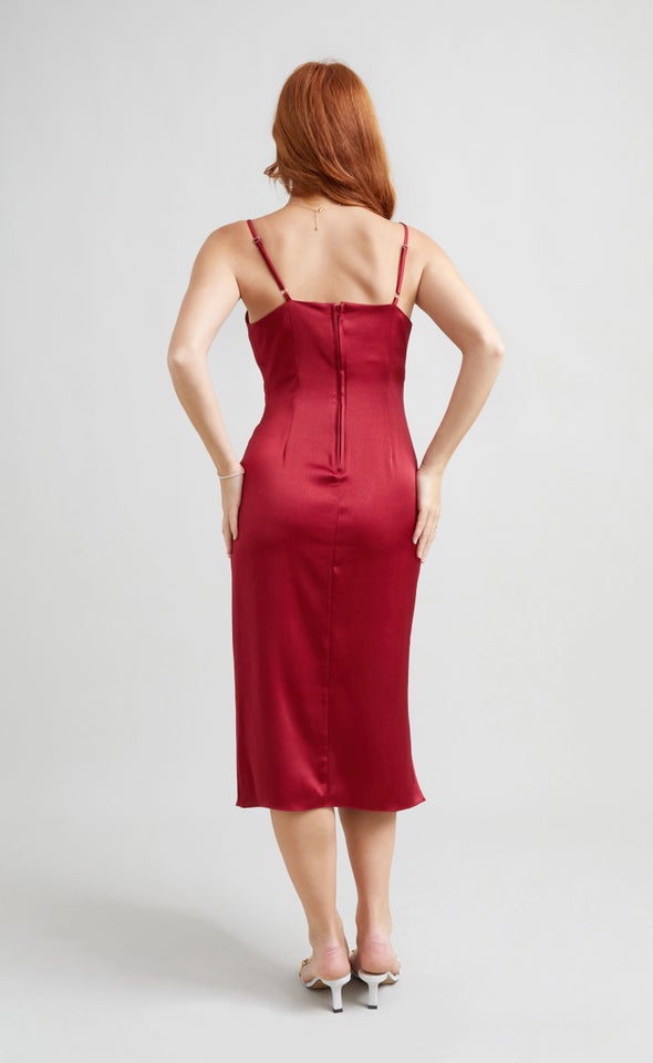 Satin Cowl Split Hem Dress Red Wine
