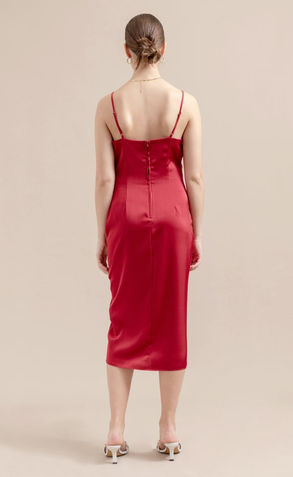 Satin Cowl Split Hem Dress Red Wine