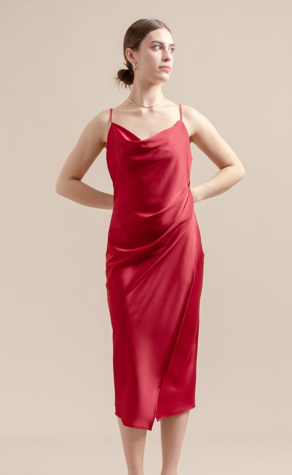 Satin Cowl Split Hem Dress Red Wine