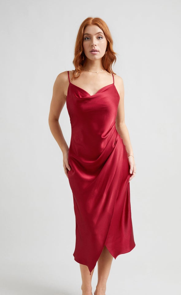 Satin Cowl Split Hem Dress Red Wine