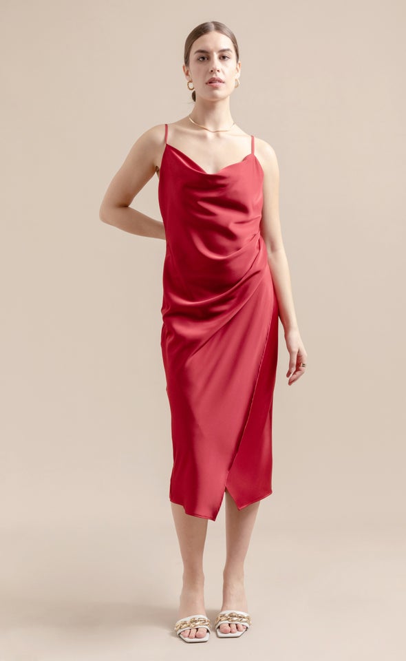 Satin Cowl Split Hem Dress Red Wine