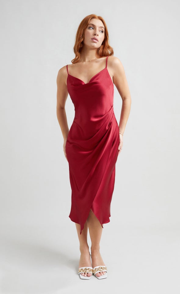 Satin Cowl Split Hem Dress Red Wine