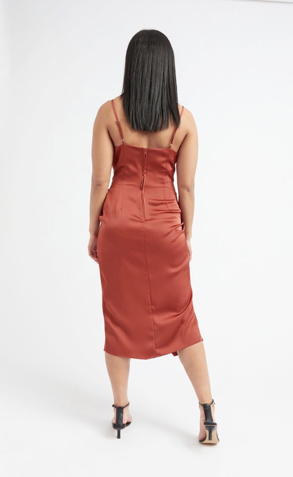 Satin Cowl Split Hem Dress Rust