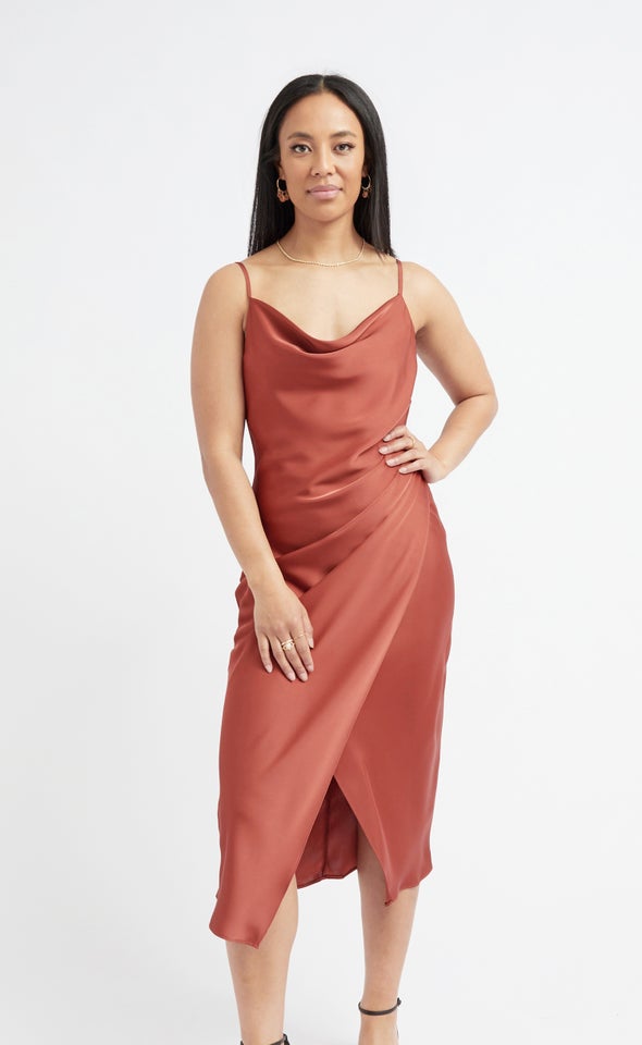 Satin Cowl Split Hem Dress Rust