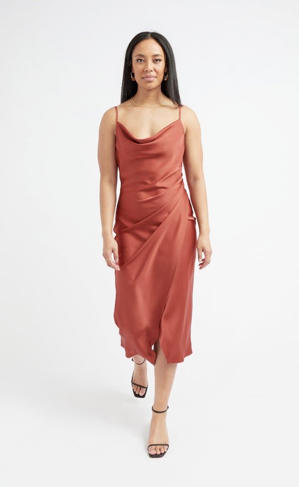 Satin Cowl Split Hem Dress Rust