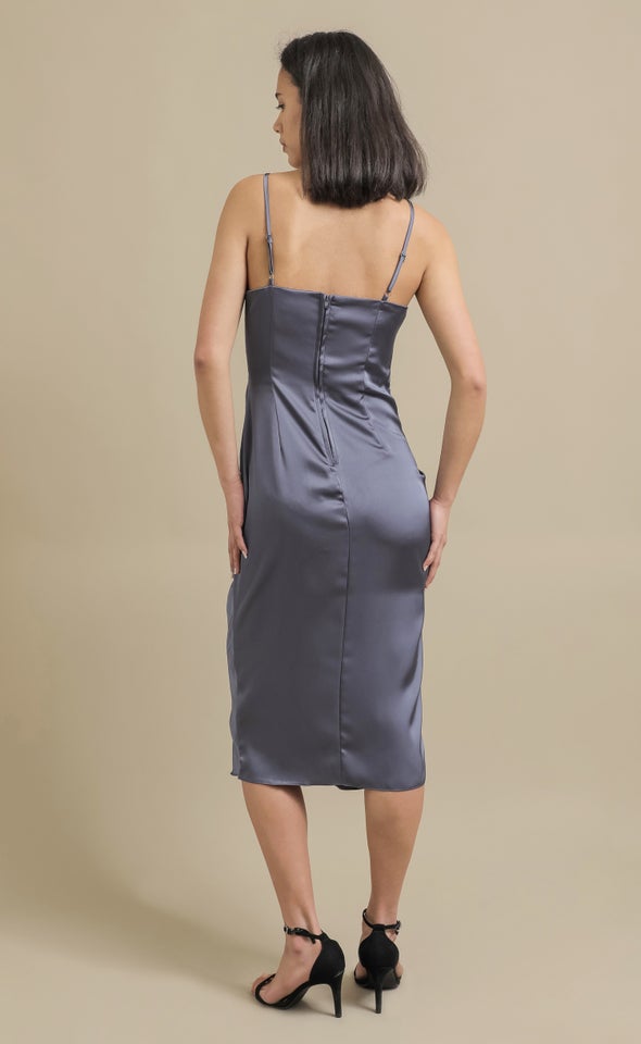 Satin Cowl Split Hem Dress Slate Blue