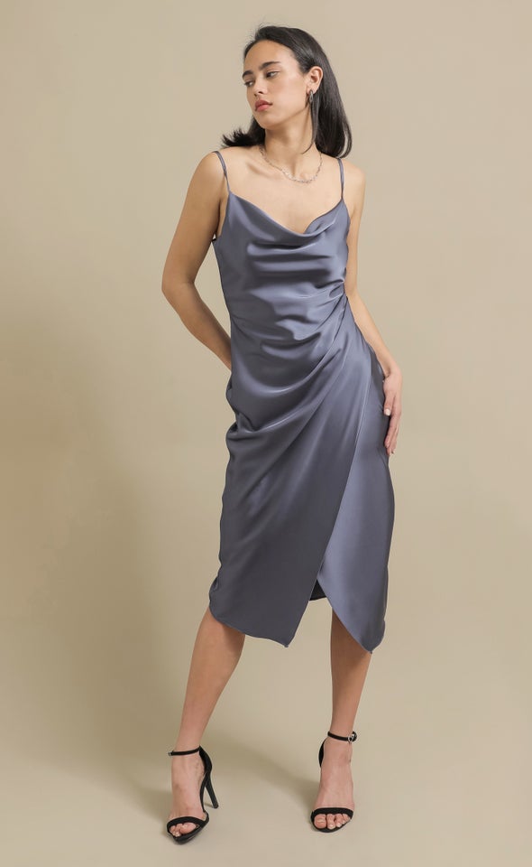 Satin Cowl Split Hem Dress Slate Blue