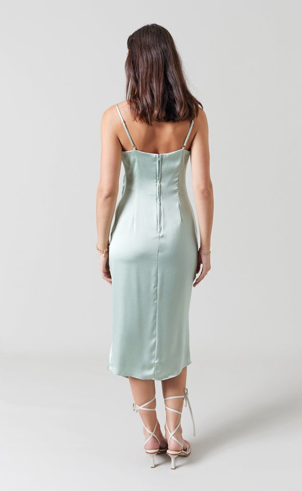 Satin Cowl Split Hem Dress Soft Sage