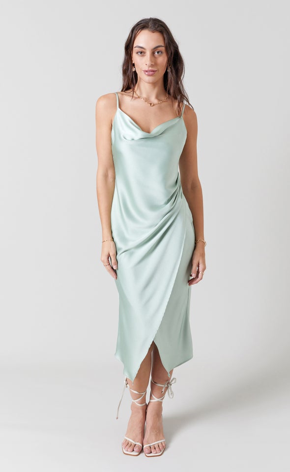 Satin Cowl Split Hem Dress Soft Sage