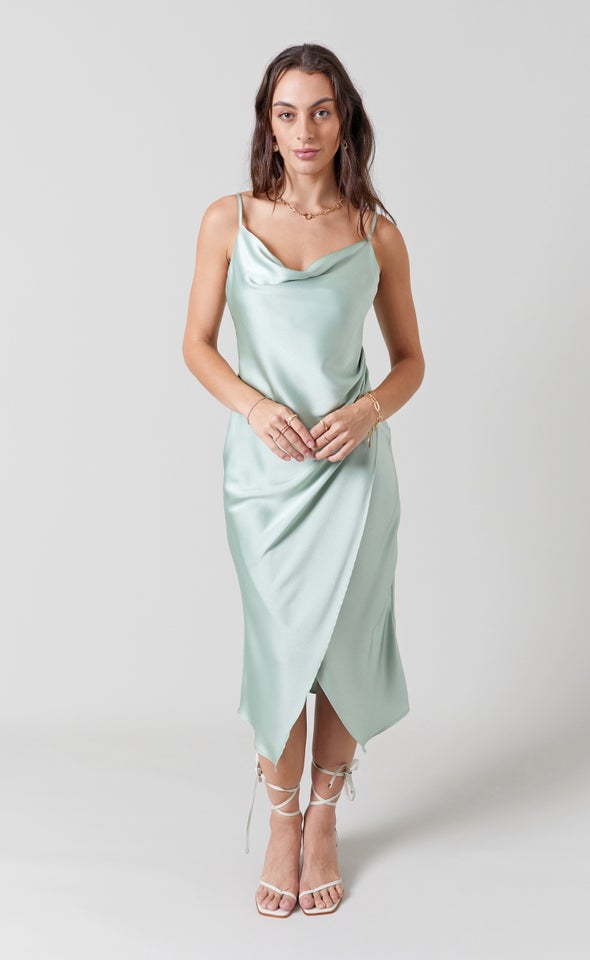 Satin Cowl Split Hem Dress Soft Sage