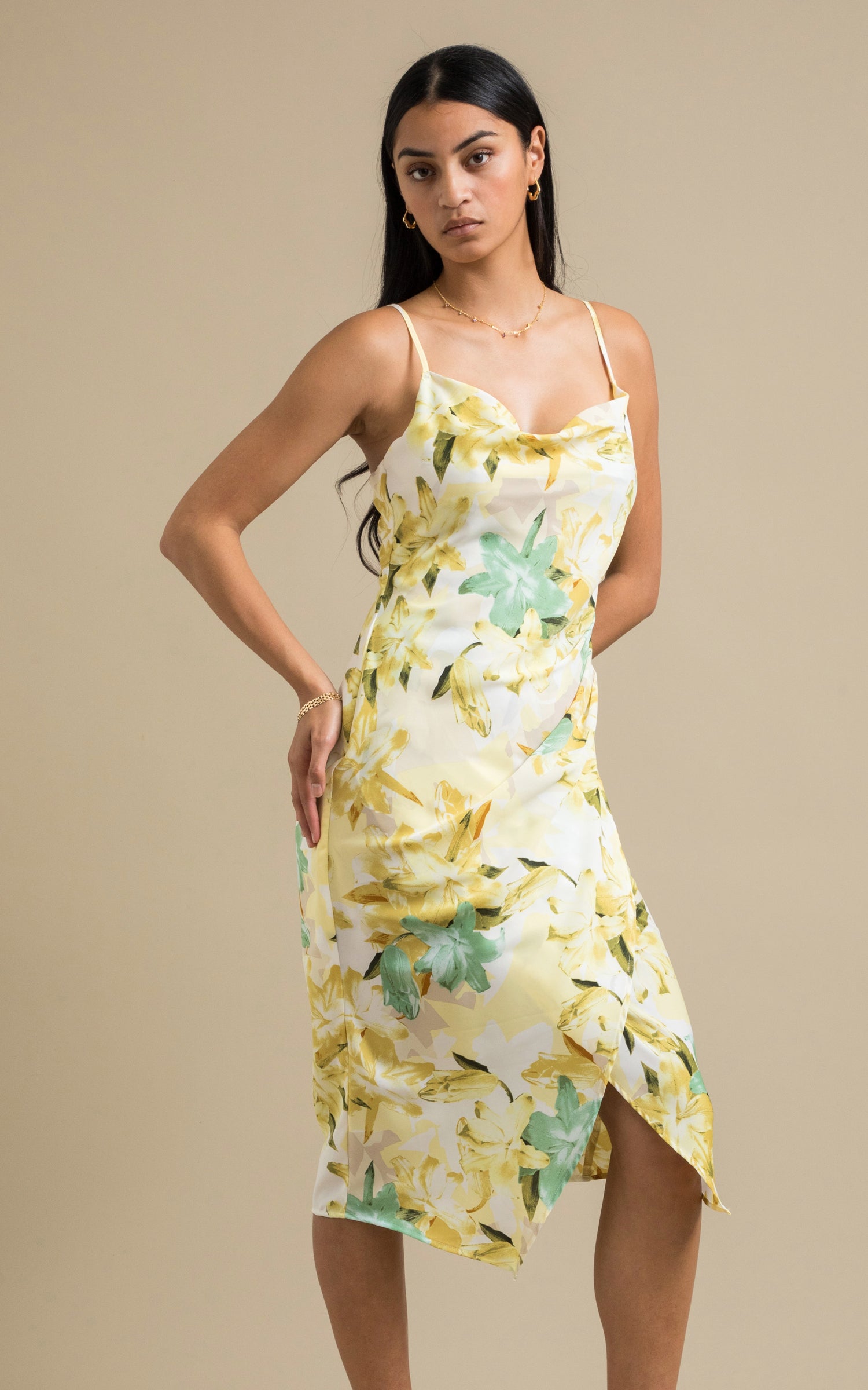 Shop our Satin Cowl Split Hem Dress in Forest green | Pagani