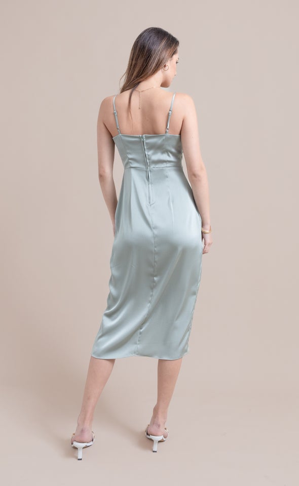 Satin Cowl Twist Detail Dress Light Sage