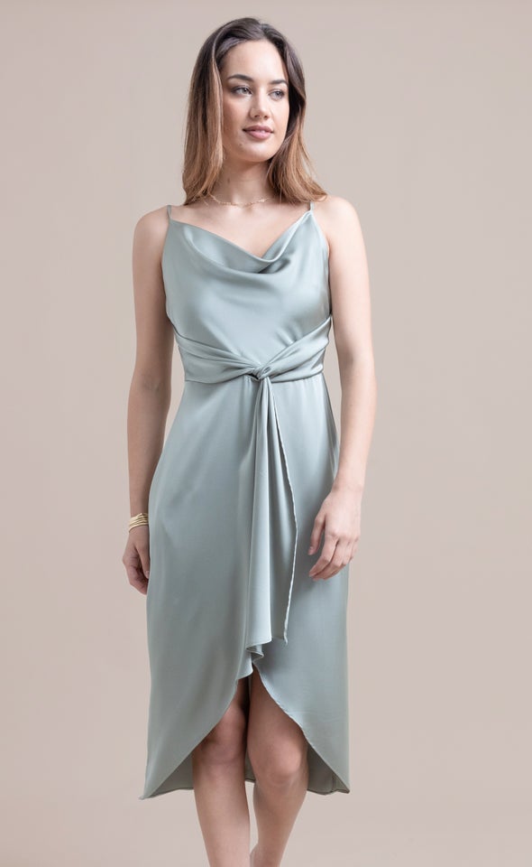 Satin Cowl Twist Detail Dress Light Sage