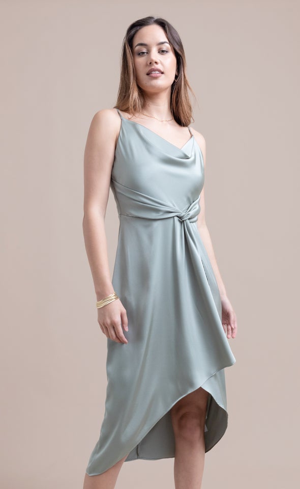 Satin Cowl Twist Detail Dress Light Sage