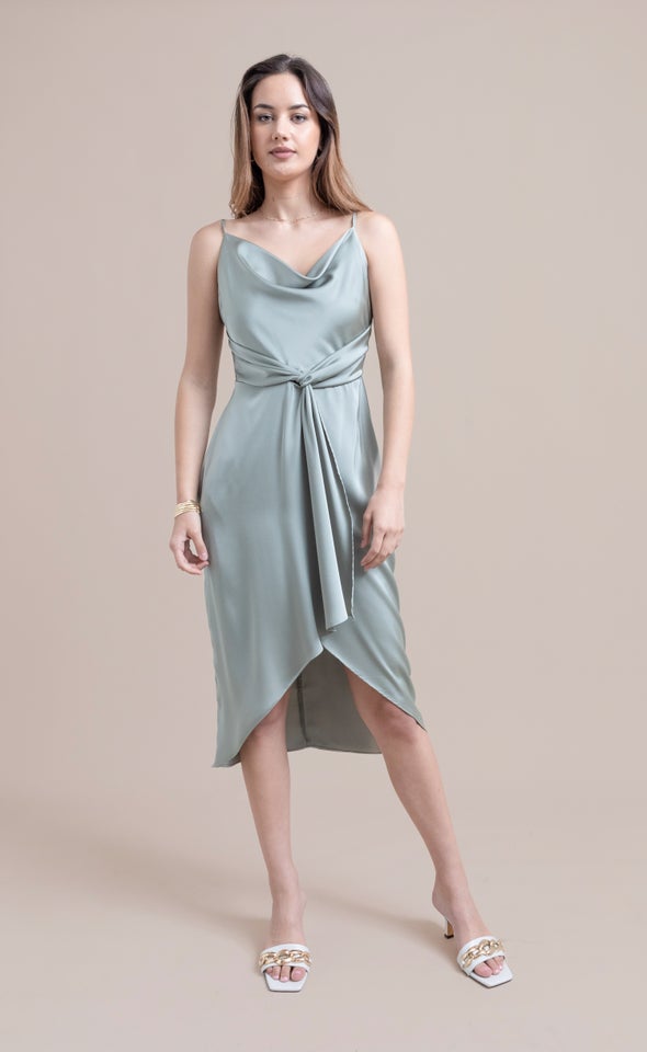 Satin Cowl Twist Detail Dress Light Sage