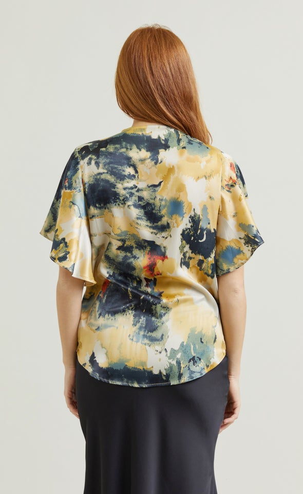 Satin Cross Front Flutter Top Beige/multi