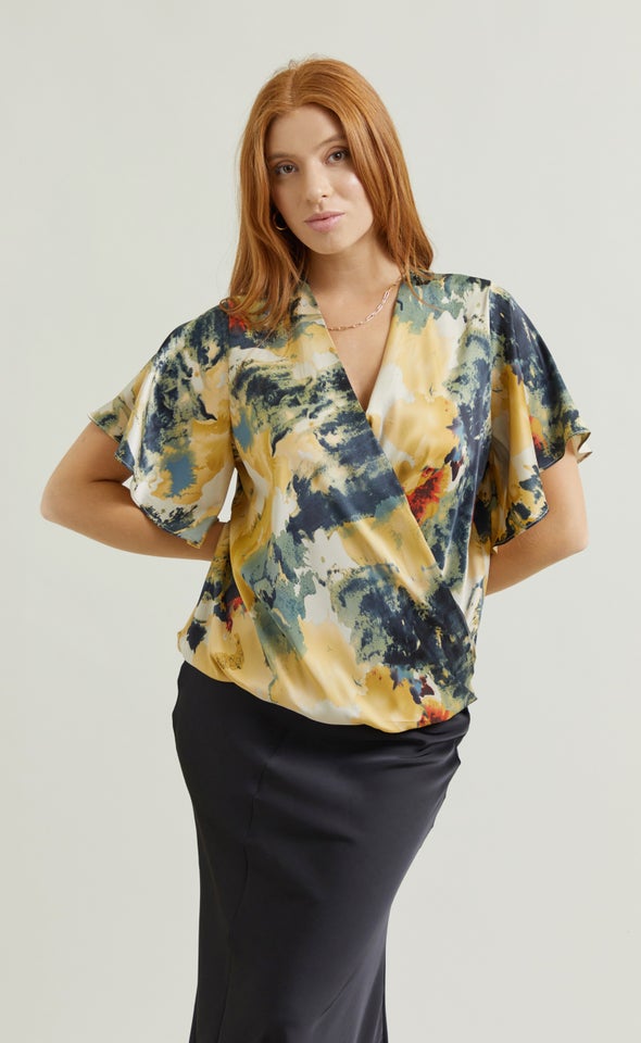Satin Cross Front Flutter Top Beige/multi