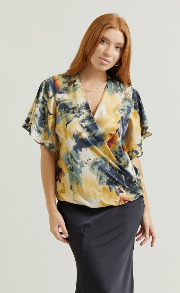 Satin Cross Front Flutter Top Beige/multi