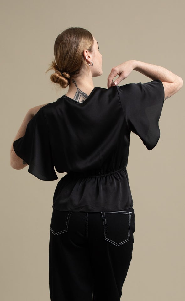 Satin Cross Front Flutter Top Black