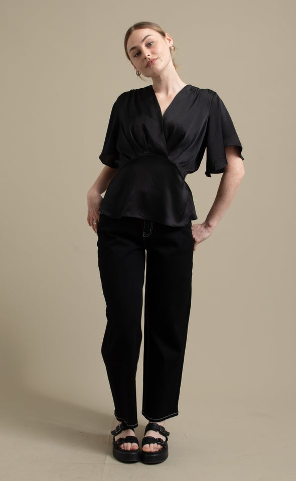 Satin Cross Front Flutter Top Black