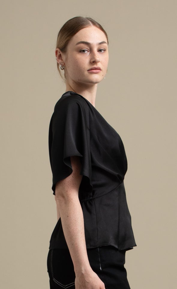 Satin Cross Front Flutter Top Black