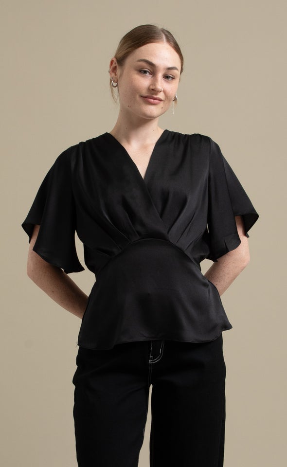 Satin Cross Front Flutter Top Black