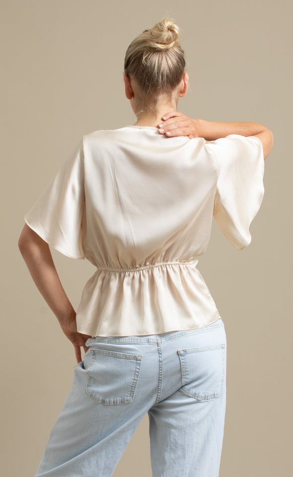 Satin Cross Front Flutter Top Soft Gold