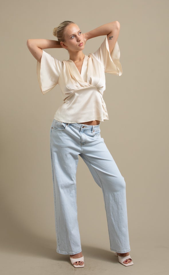 Satin Cross Front Flutter Top Soft Gold