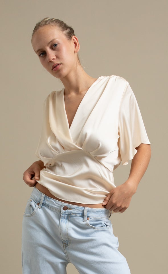Satin Cross Front Flutter Top Soft Gold