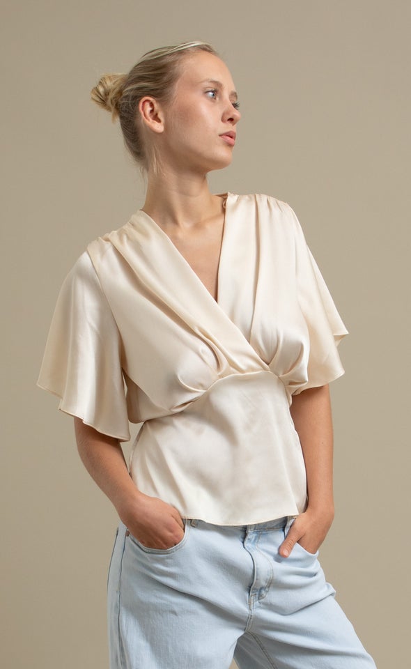 Satin Cross Front Flutter Top Soft Gold