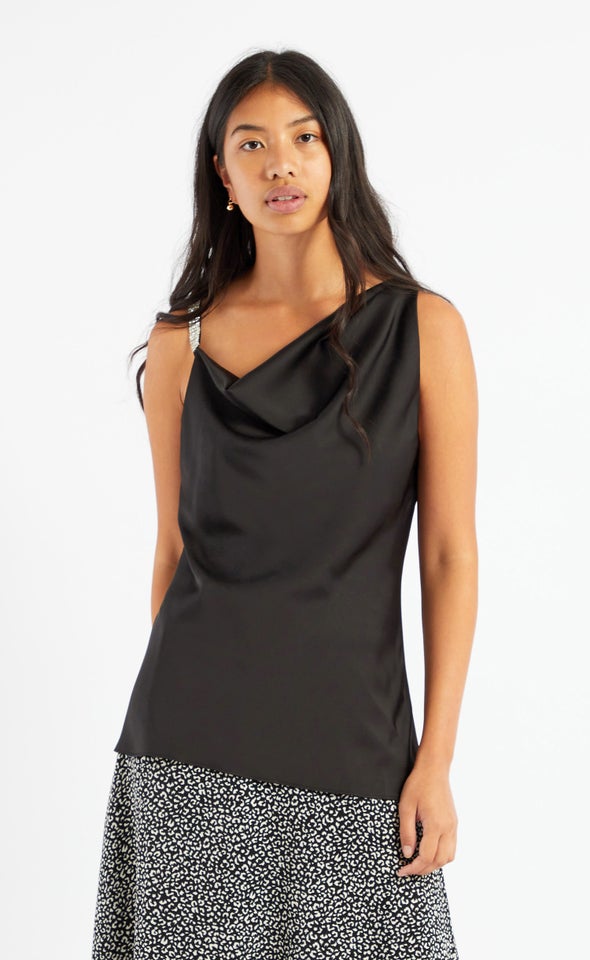Satin Diamante Cowl Top Black