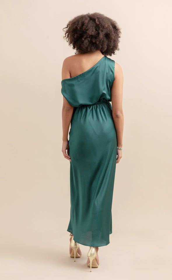 Satin Drape Shoulder Bias Gown Emerald