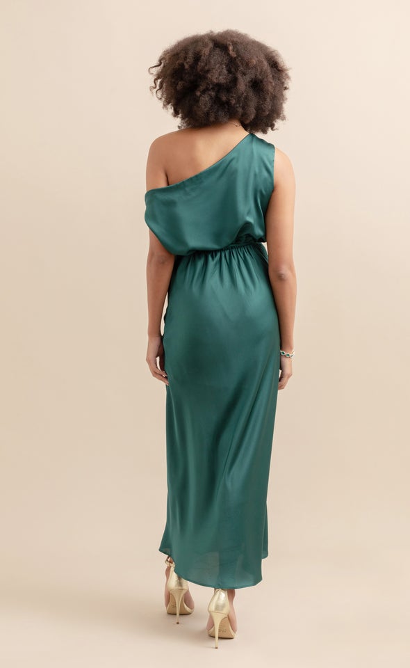 Satin Drape Shoulder Bias Gown Emerald