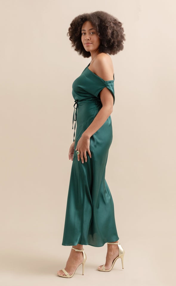 Satin Drape Shoulder Bias Gown Emerald