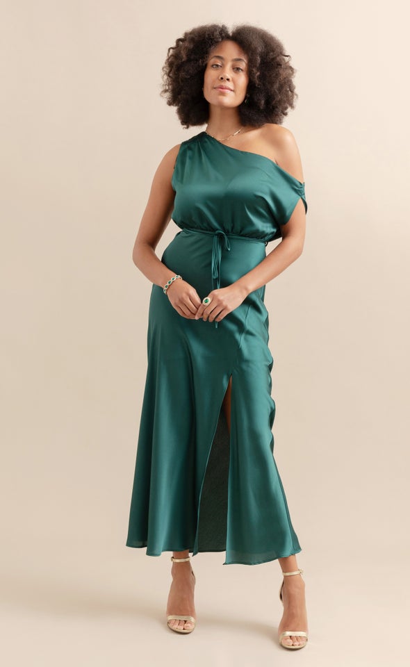 Satin Drape Shoulder Bias Gown Emerald