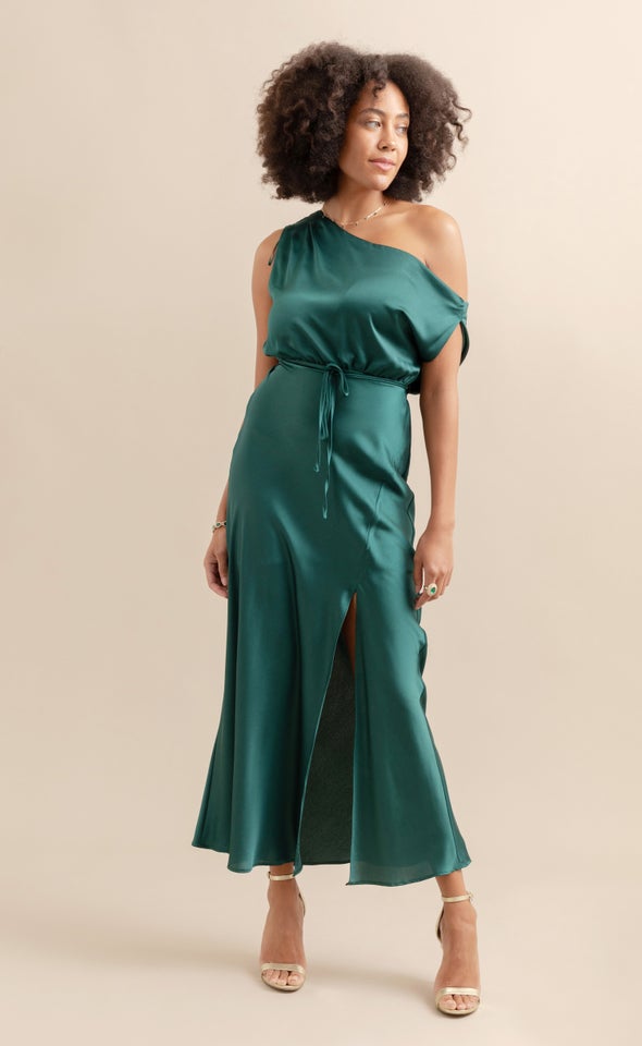 Satin Drape Shoulder Bias Gown Emerald